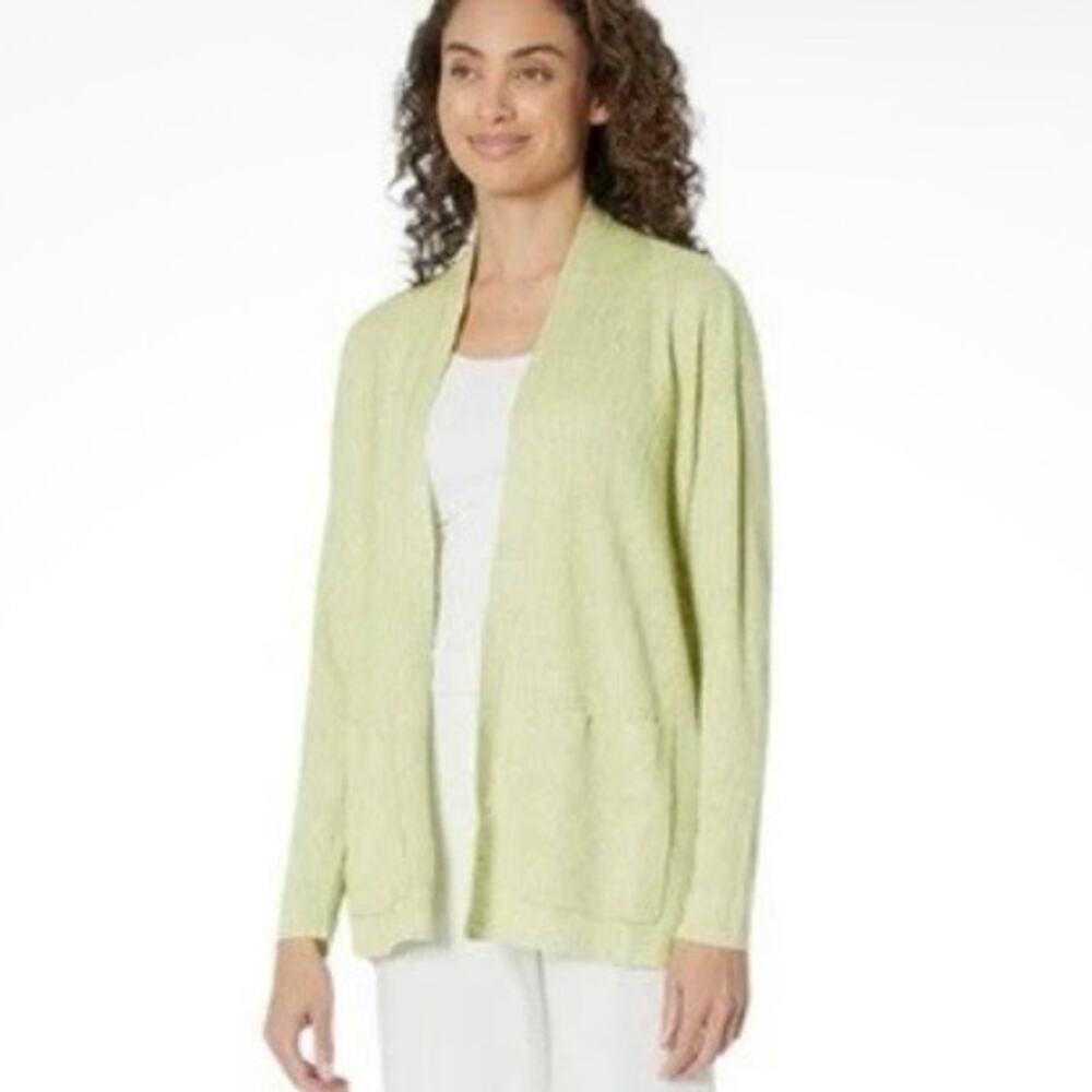 Eileen Fisher 100% Organic Linen Delave Cardigan Sz L Canary Open Front Pockets
